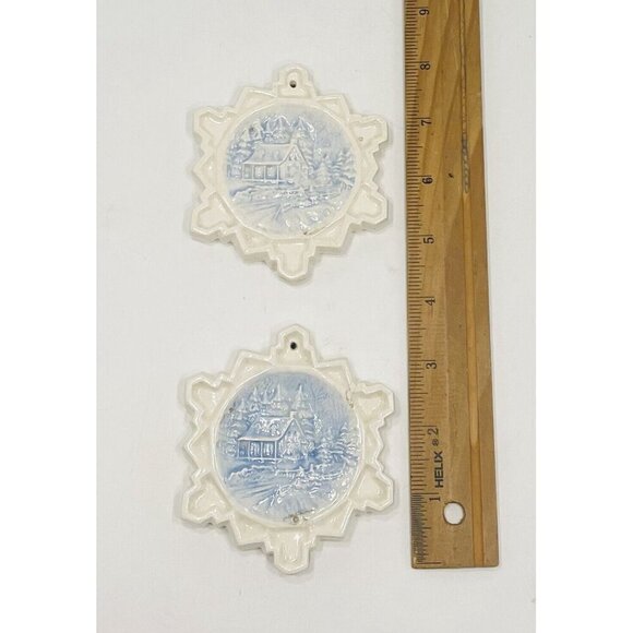 Set of 2 Vintage Snowflake Ornaments Ceramic Winter Scenes 3D Duncan 3.5” White - Picture 4 of 10